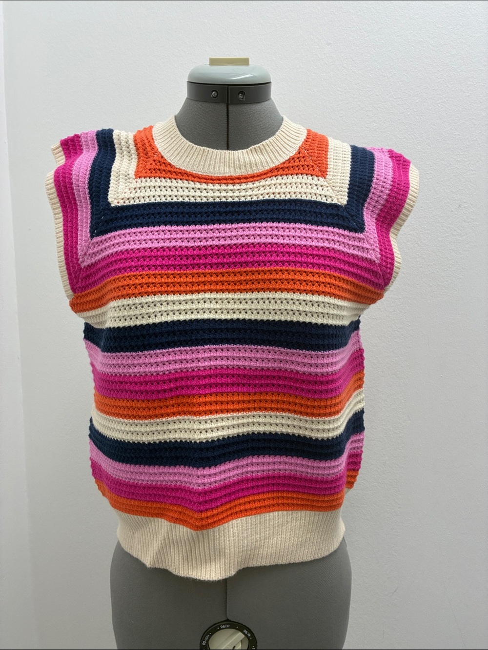 THML Striped Crochet Knit Sleeveless Crew in Pink, Orange, Navy & Cream - Picture 1 of 10